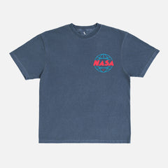 navy denim blue retro NASA streetwear graphic t-shirt with custom vintage Worm logo and wormhole graphic on a unisex comfort colors shirt