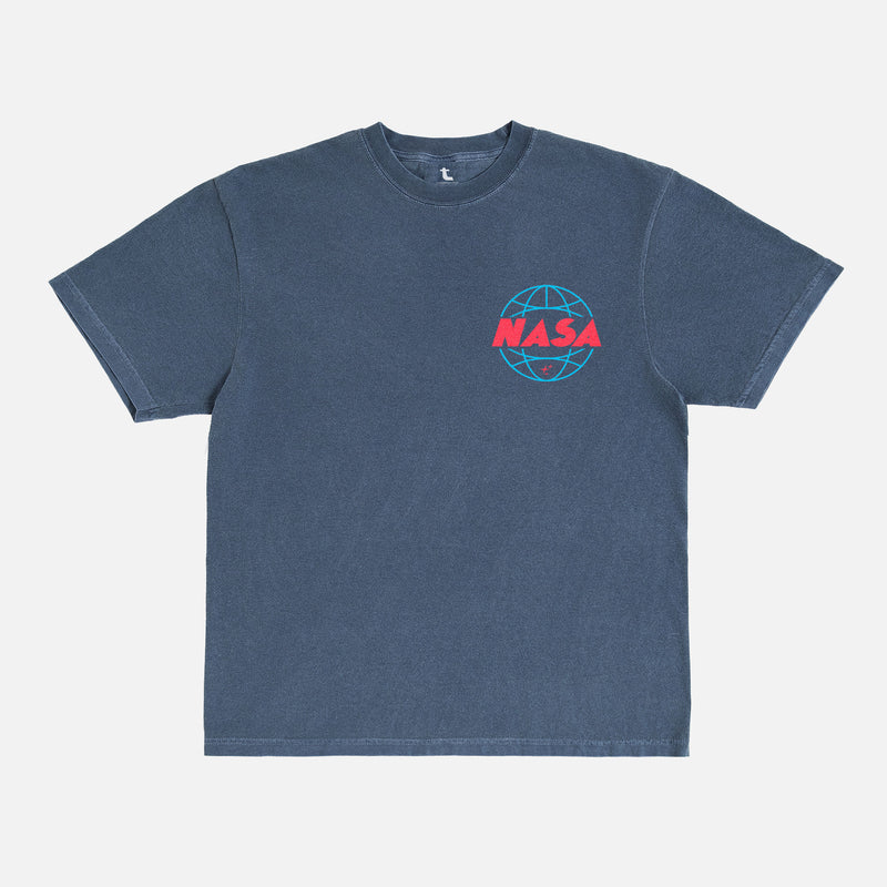 navy denim blue retro NASA streetwear graphic t-shirt with custom vintage Worm logo and wormhole graphic on a unisex comfort colors shirt