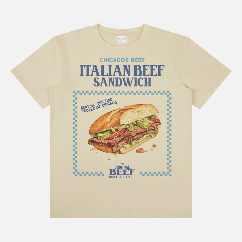 Retro The Bear show t-shirt with Italian Beef Sandwich on a beige unisex tee
