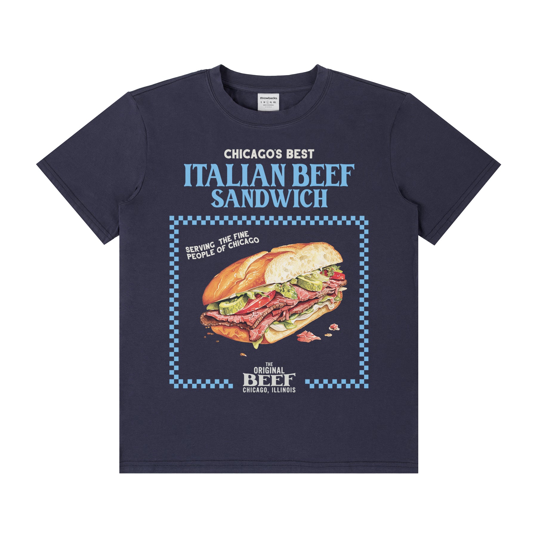 Retro The Bear show t-shirt with Italian Beef Sandwich on a navy unisex tee