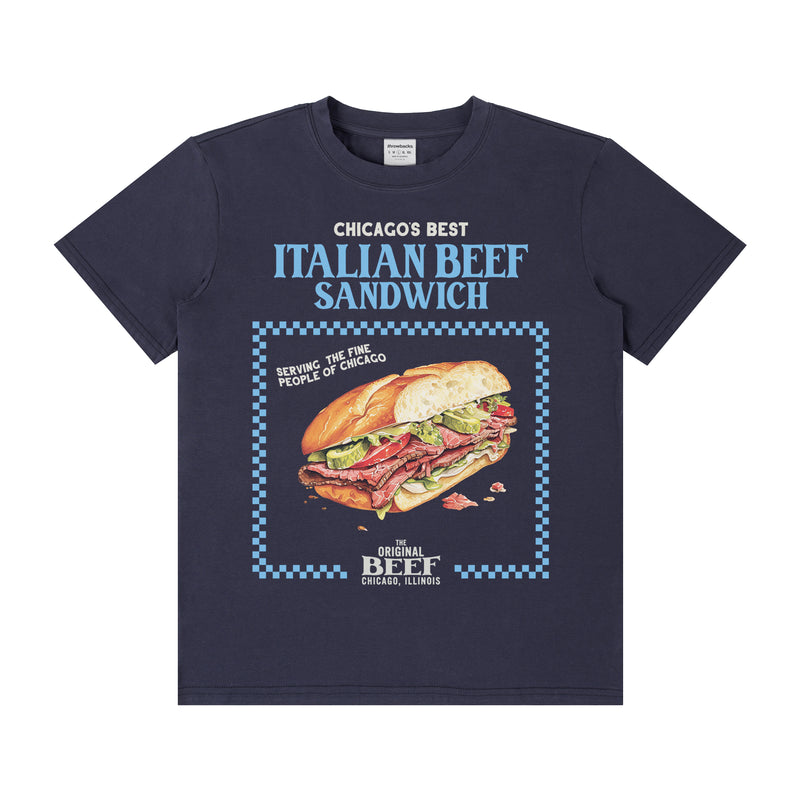 Retro The Bear show t-shirt with Italian Beef Sandwich on a navy unisex tee