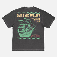 Vintage The Goonies movie graphic tee, funny one-eyed willies treasure hunting club t-shirt in faded black