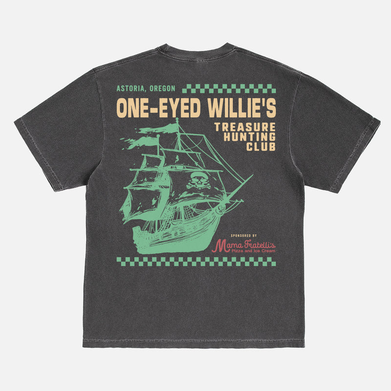Vintage The Goonies movie graphic tee, funny one-eyed willies treasure hunting club t-shirt in faded black