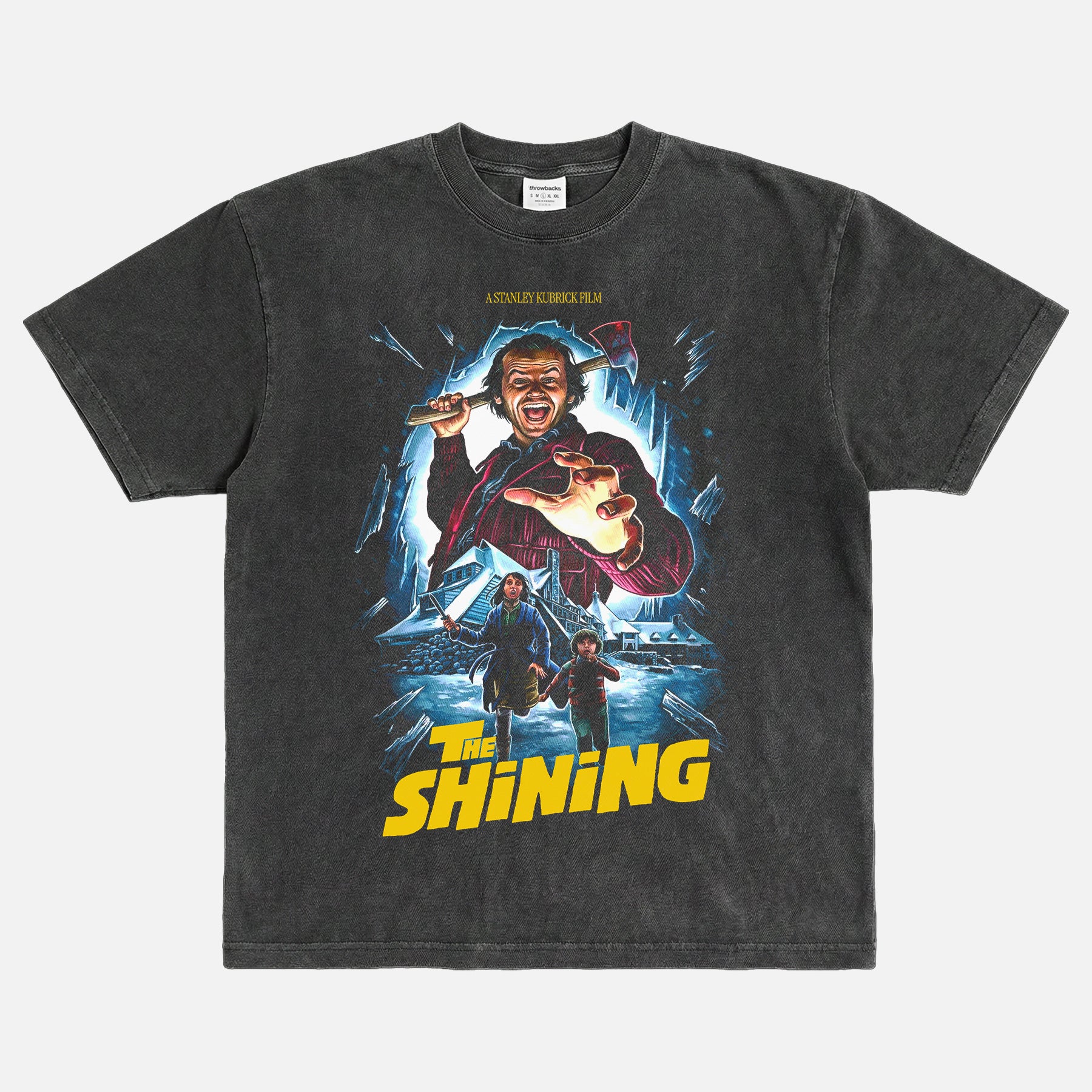 Stanley Kubrick's The Shining horror movie graphic t-shirt with custom movie poster art on a washed black heavyweight streetwear tee