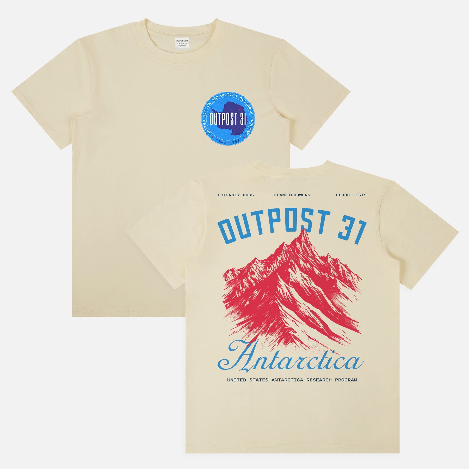 Retro Outpost 31 Antarctica Research Team t-shirt, The Thing 1982 vintage movie graphic tee in beige