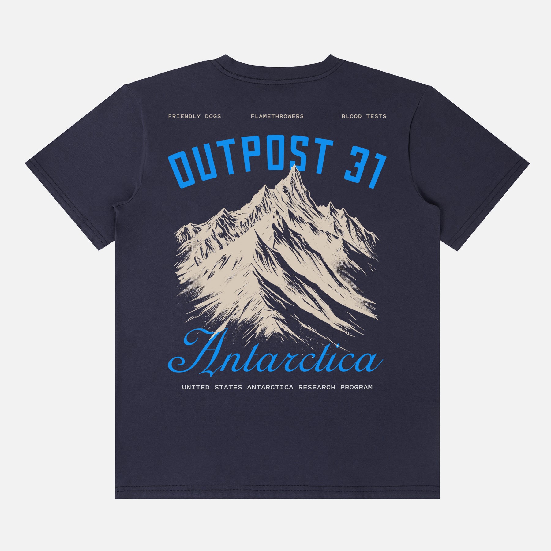 Retro Outpost 31 Antarctica Research Team t-shirt, The Thing 1982 vintage movie graphic tee in navy