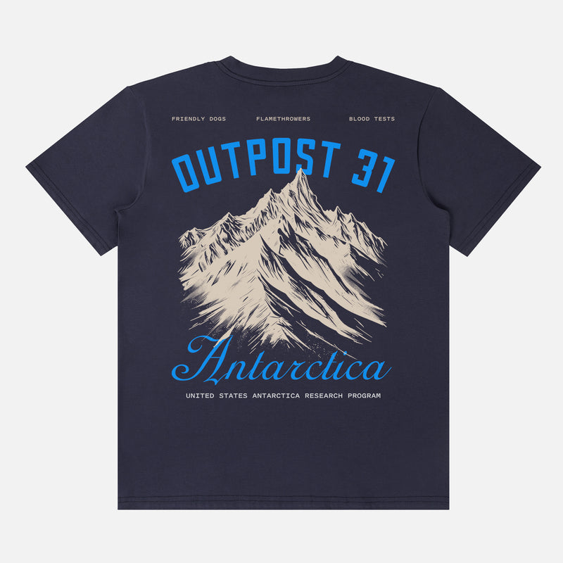 Retro Outpost 31 Antarctica Research Team t-shirt, The Thing 1982 vintage movie graphic tee in navy