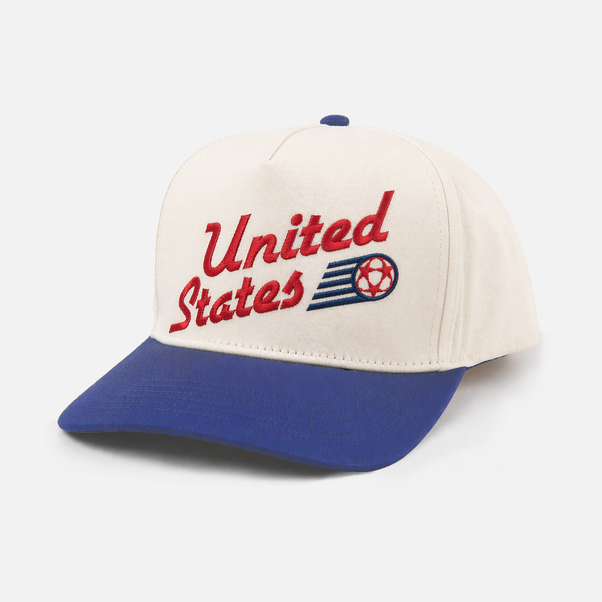 retro 1994 US soccer team world cup snapback hat, beige and royal blue United States soccer team embroidered logo cap