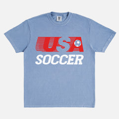 Retro USMNT USWNT United States Soccer logo t-shirt with striped USA soccer graphic on a washed blue unisex comfort colors tee