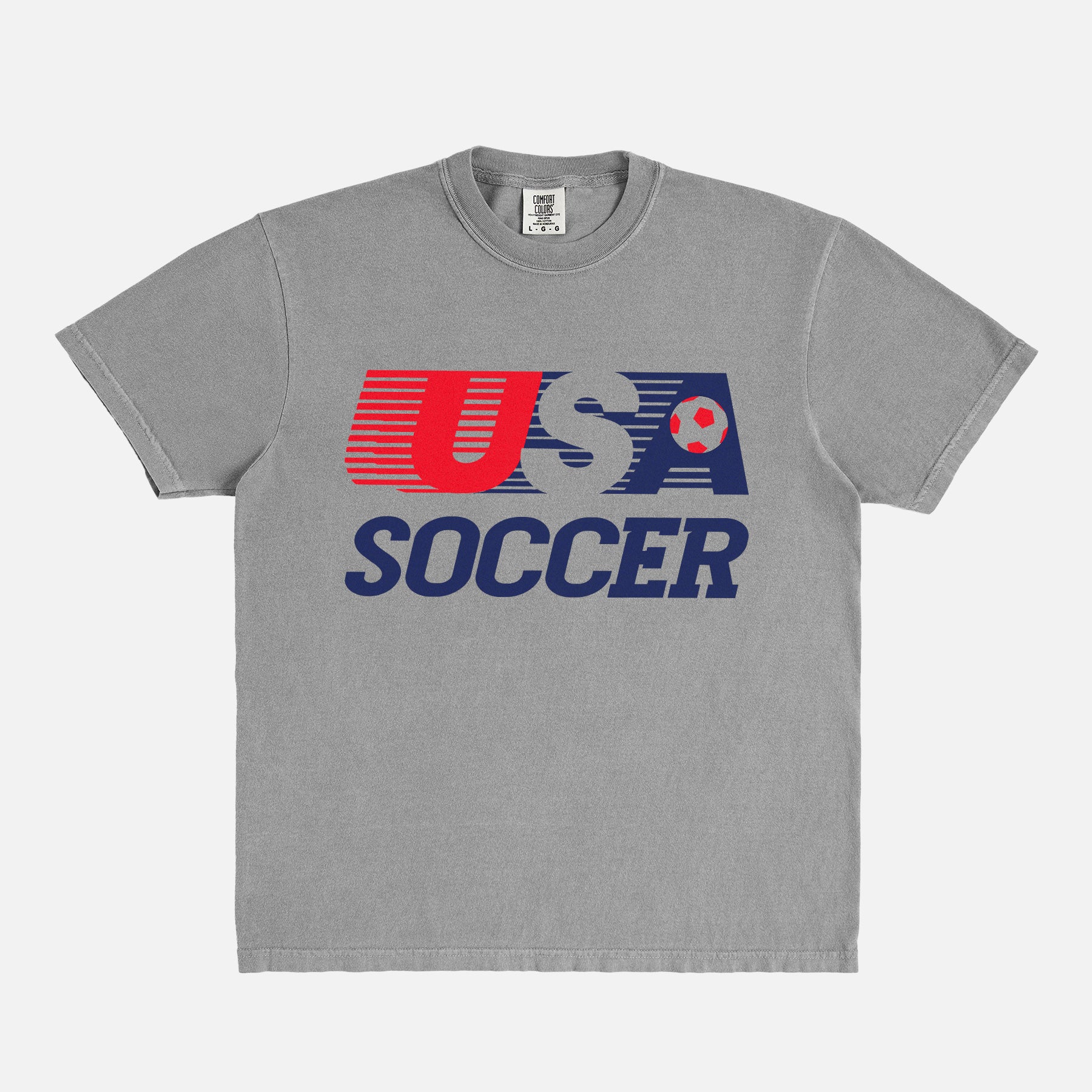 Retro USMNT USWNT United States Soccer logo t-shirt with striped USA soccer graphic on a washed grey unisex comfort colors tee