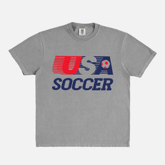 Retro USMNT USWNT United States Soccer logo t-shirt with striped USA soccer graphic on a washed grey unisex comfort colors tee