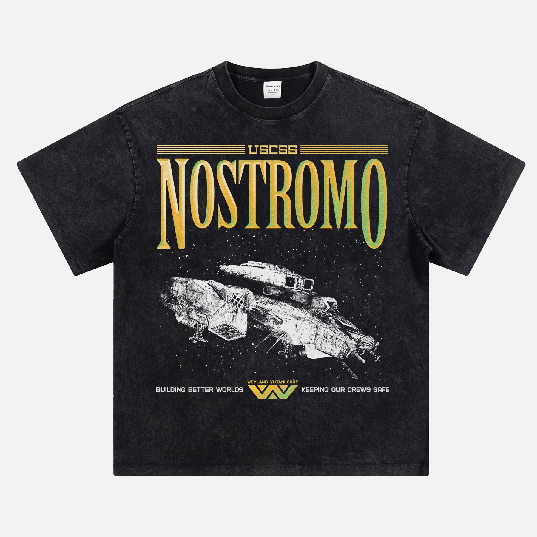 USCSS Nostromo logo and ship movie poster t-shirt for alien 1979 movie fans, weyland yutani corporation logo on oversized distressed black sci-fi horror movie tee