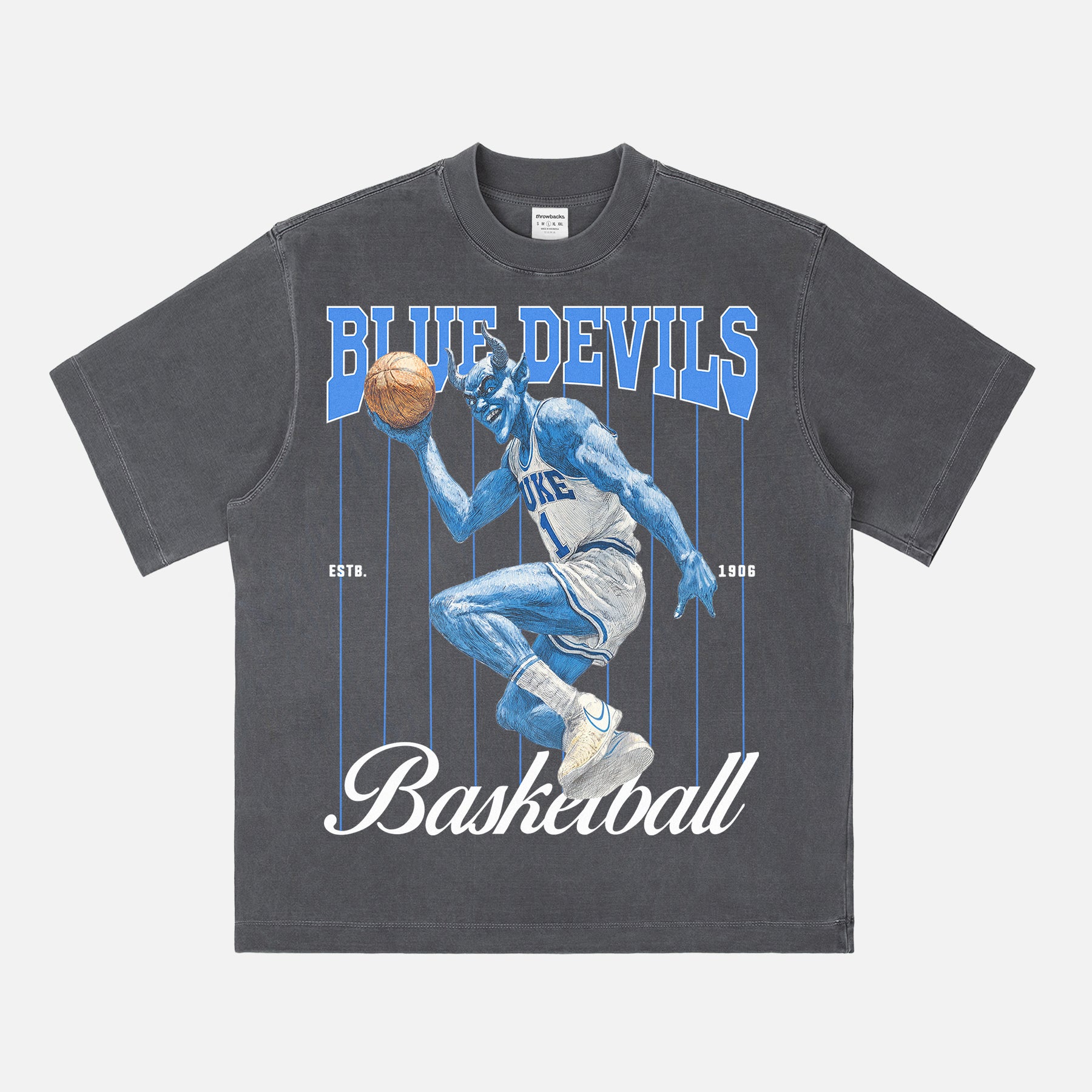 Washed black retro Duke Blue Devils college basketball T‑shirt with vintage blue devil mascot graphic and pinstripes. 