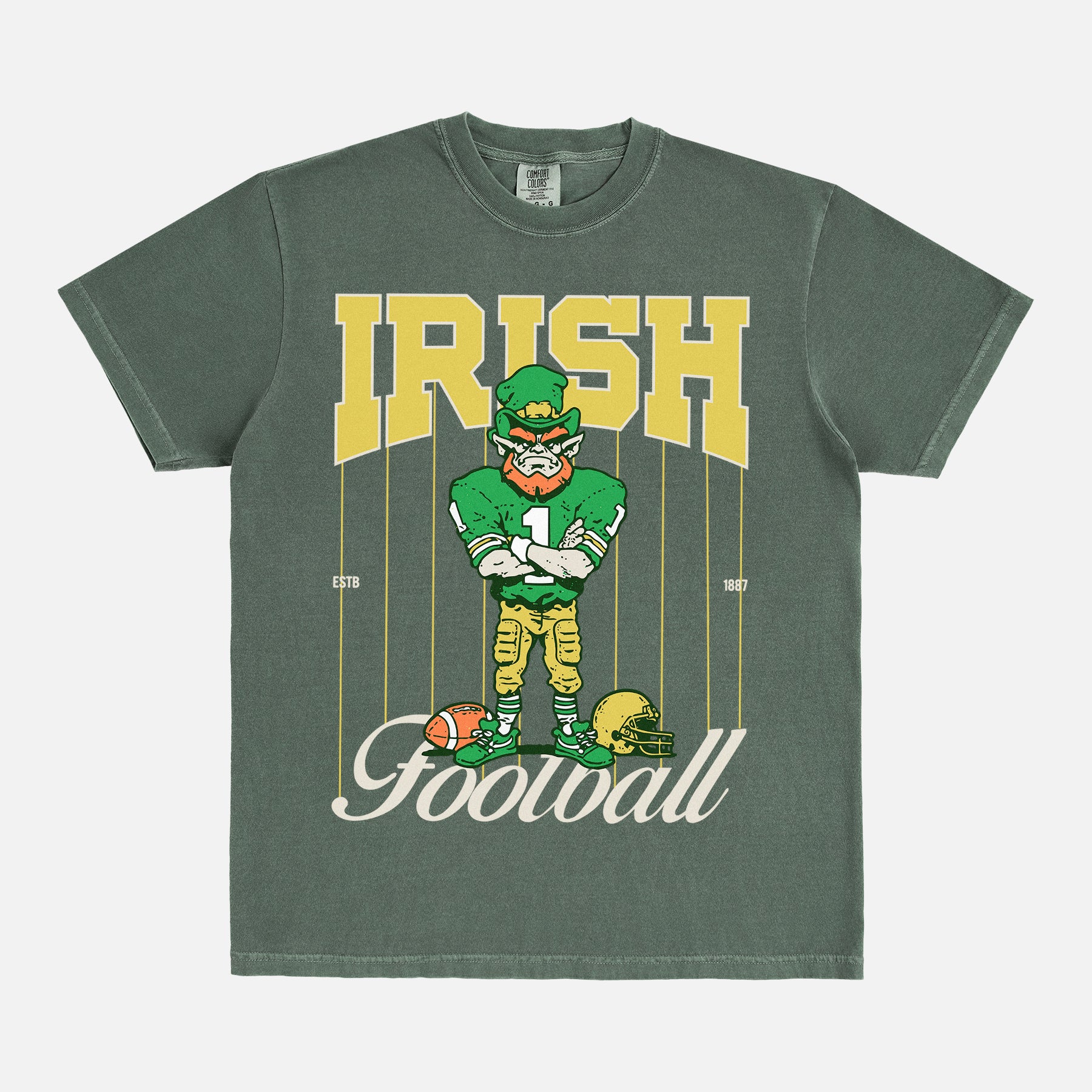 Cute retro vintage washed green Notre Dame Fighting Irish comfort colors graphic t-shirt with pinstripes and leprechaun mascot
