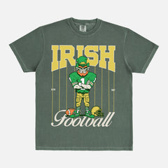 Cute retro vintage washed green Notre Dame Fighting Irish comfort colors graphic t-shirt with pinstripes and leprechaun mascot