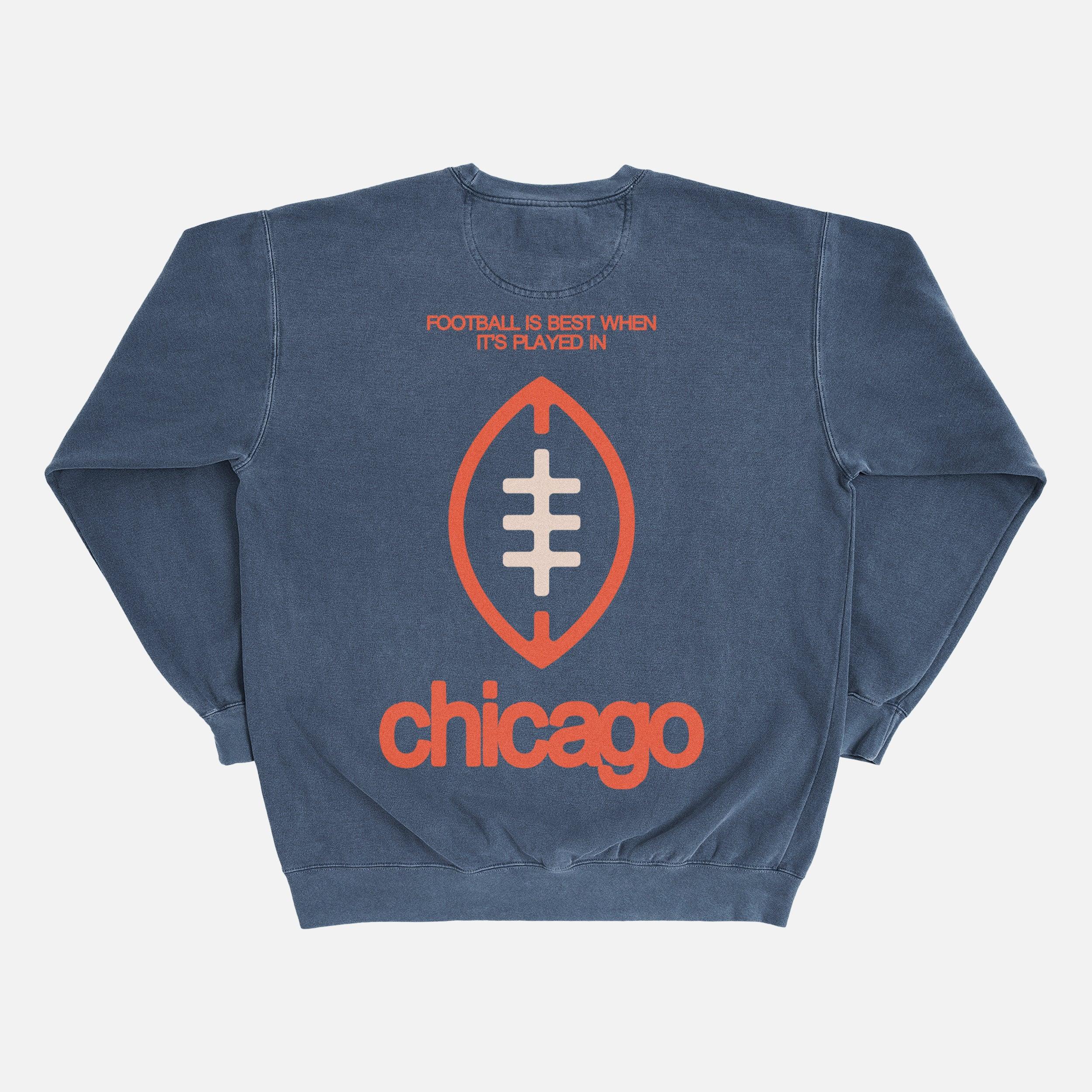 Cute throwback Chicago Bears heavyweight crewneck sweatshirt with front and back oversized print on a faded Comfort Colors sweater