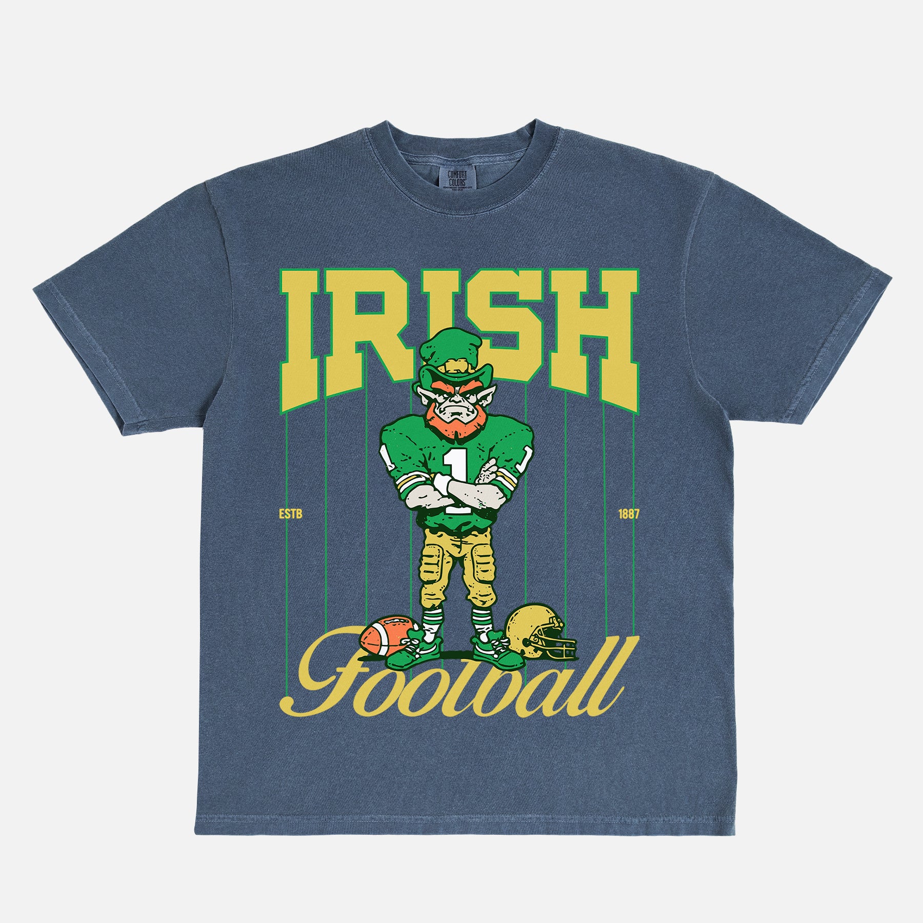 Cute retro vintage washed navy Notre Dame Fighting Irish comfort colors graphic t-shirt with pinstripes and leprechaun mascot