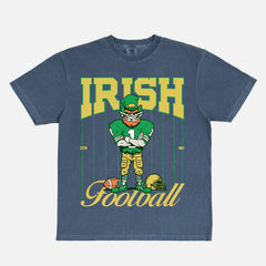 Cute retro vintage washed navy Notre Dame Fighting Irish comfort colors graphic t-shirt with pinstripes and leprechaun mascot