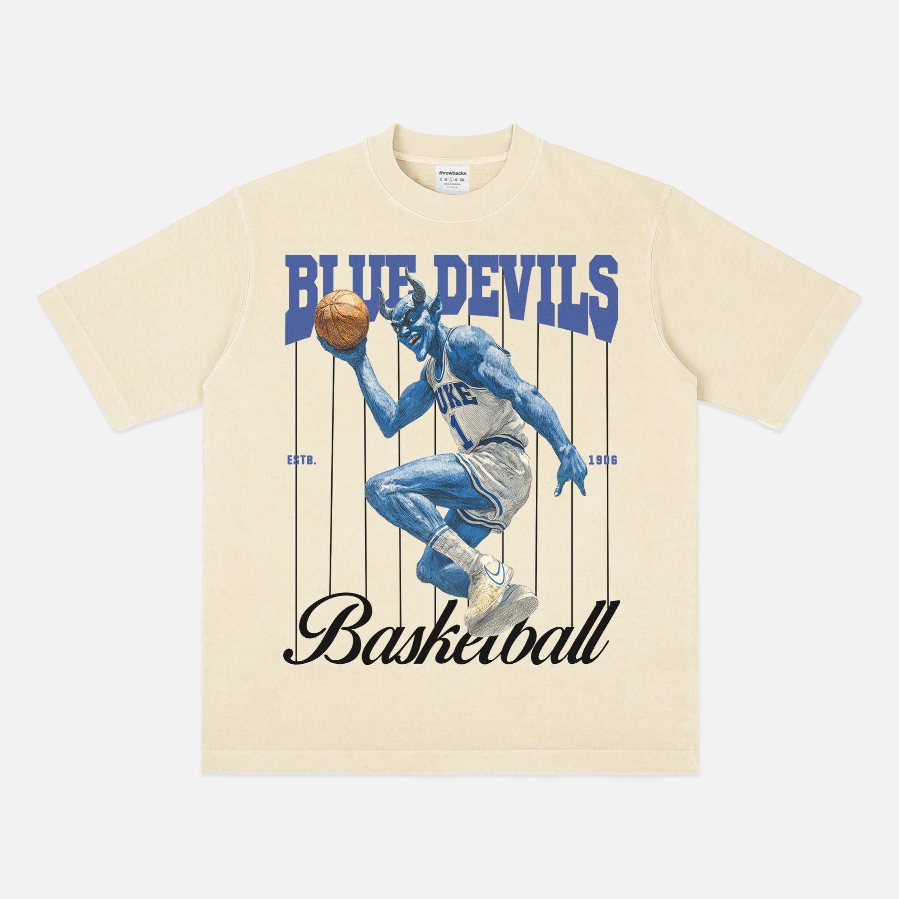 Off white vintage Duke Blue Devils college basketball streetwear T‑shirt with vintage blue devil mascot graphic and pinstripes for sale at Throwbacks