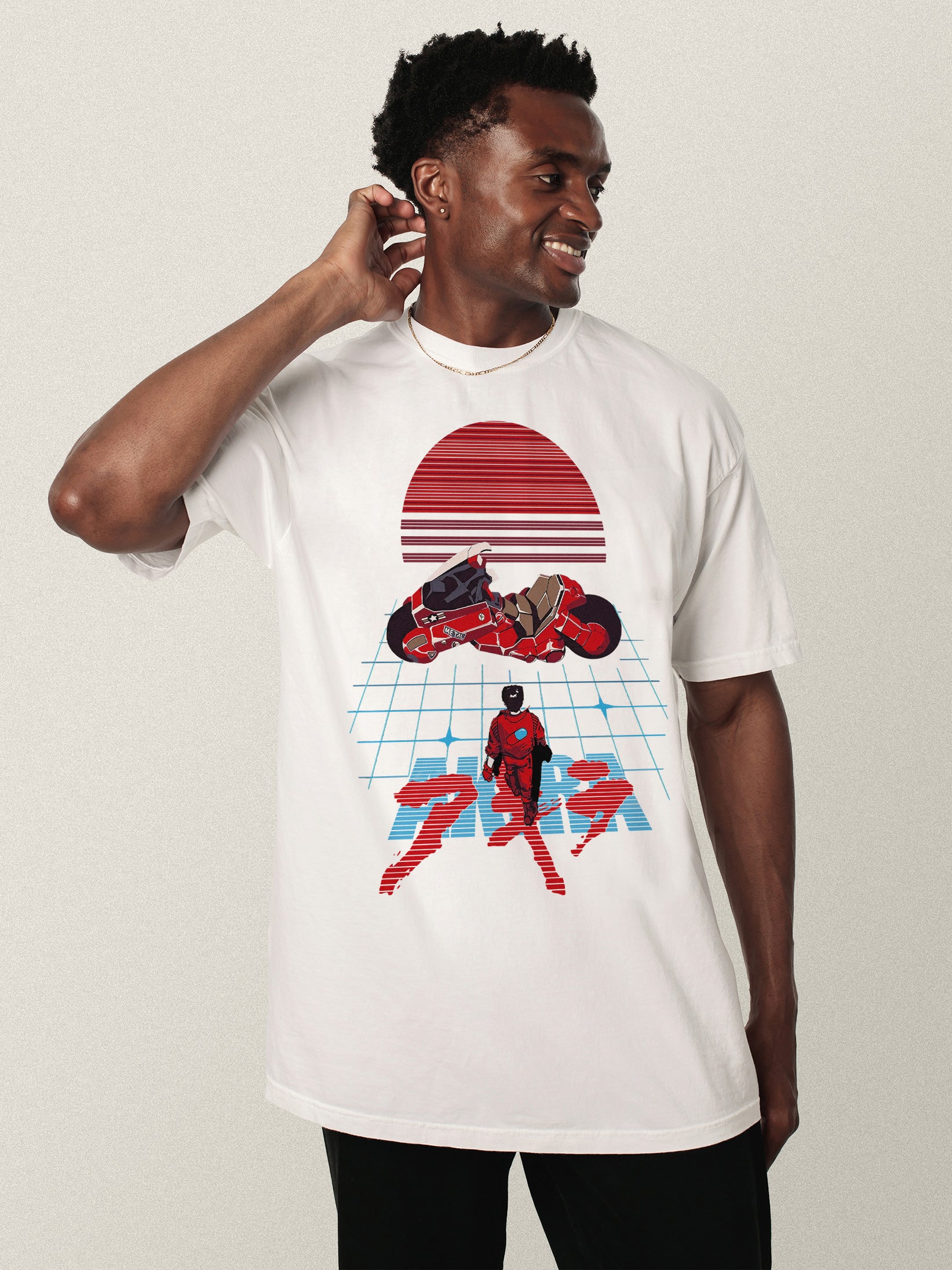 Cool 80's style akira anime streetwear graphic tee with retro motorcycle art on a white t-shirt