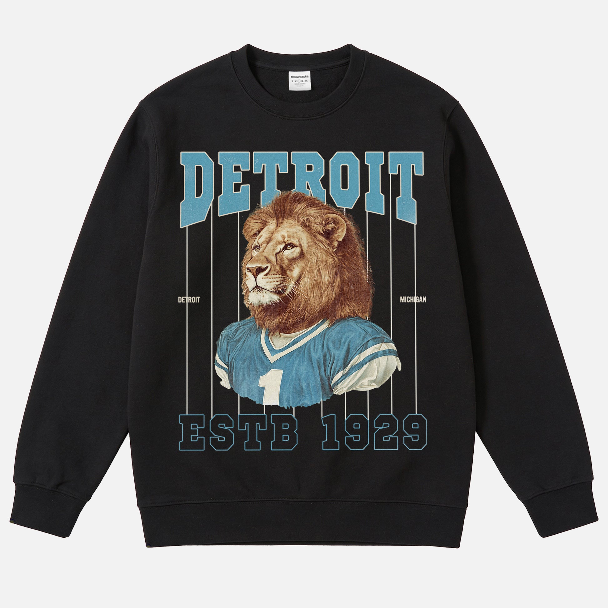 Detroit Lions football sweatshirt with retro pinstripes mascot on a unisex black crewneck
