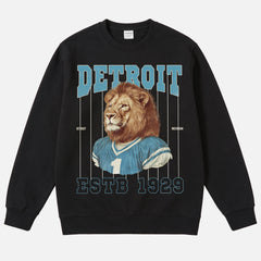 Detroit Lions football sweatshirt with retro pinstripes mascot on a unisex black crewneck