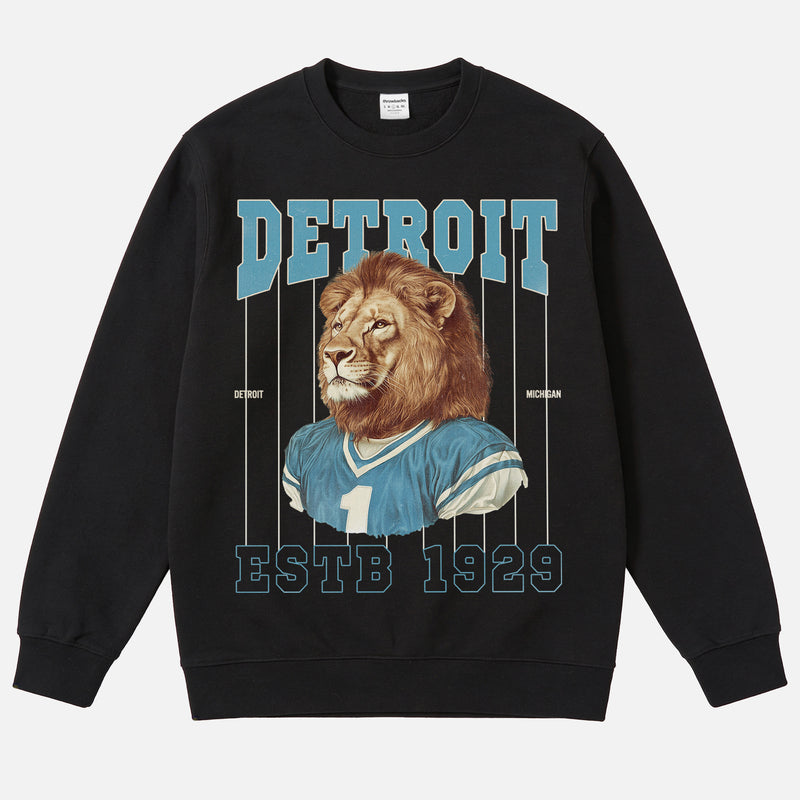 Detroit Lions football sweatshirt with retro pinstripes mascot on a unisex black crewneck