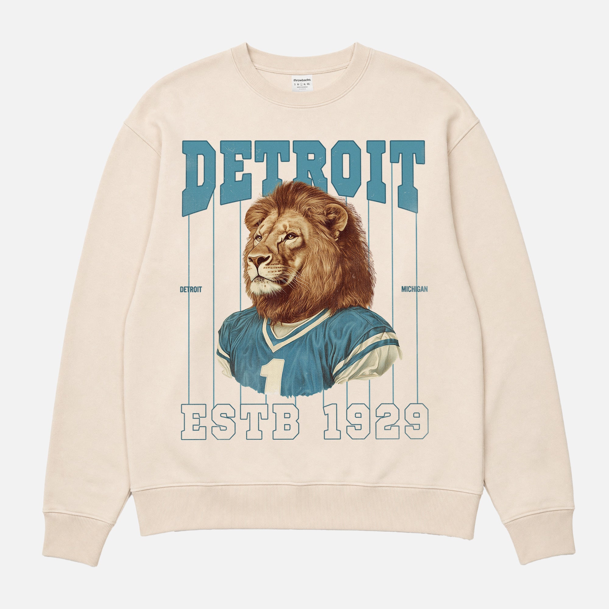 Detroit Lions football sweatshirt with retro pinstripes mascot on a unisex beige crewneck