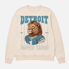 Detroit Lions football sweatshirt with retro pinstripes mascot on a unisex beige crewneck