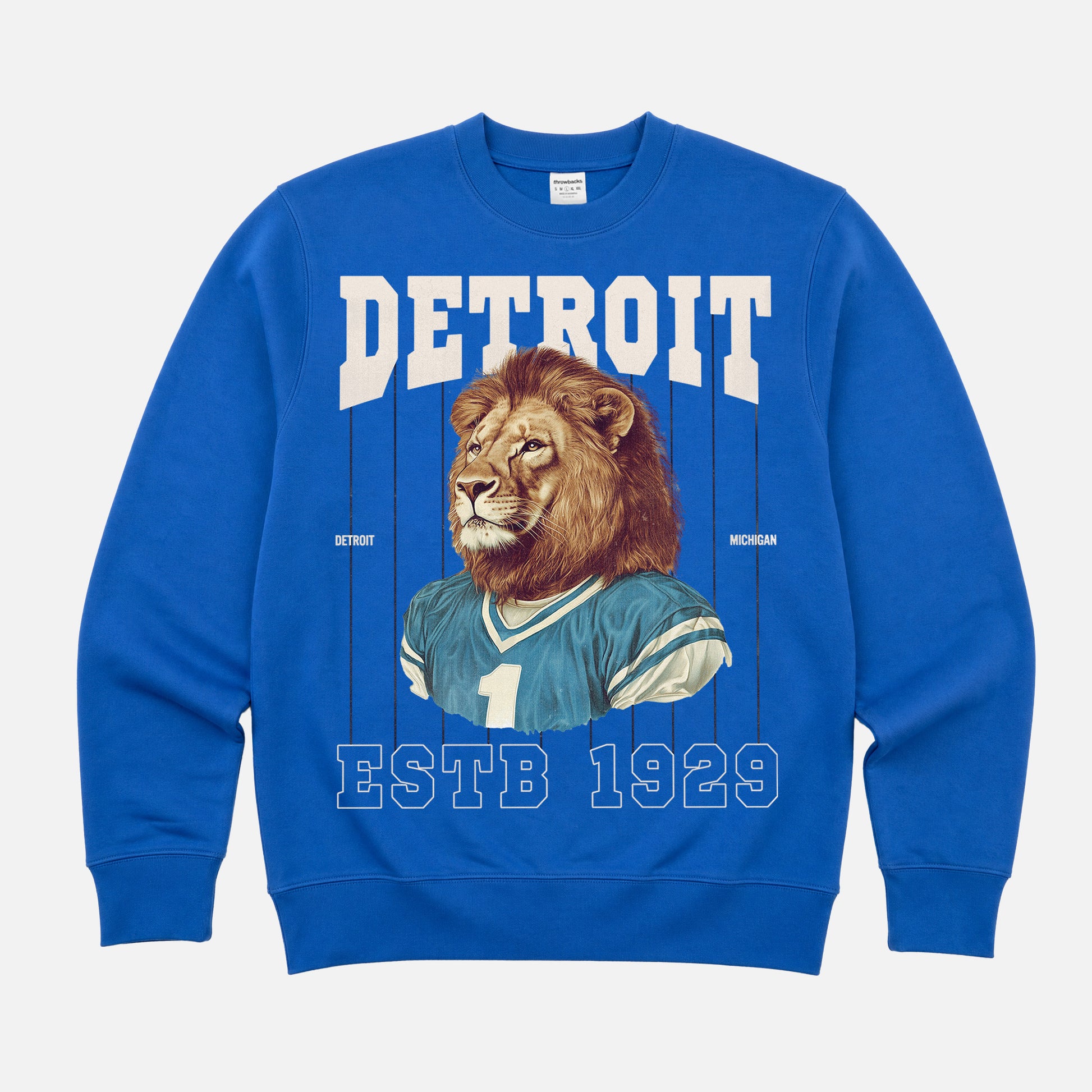 Detroit Lions football sweatshirt with retro pinstripes mascot on a unisex blue crewneck