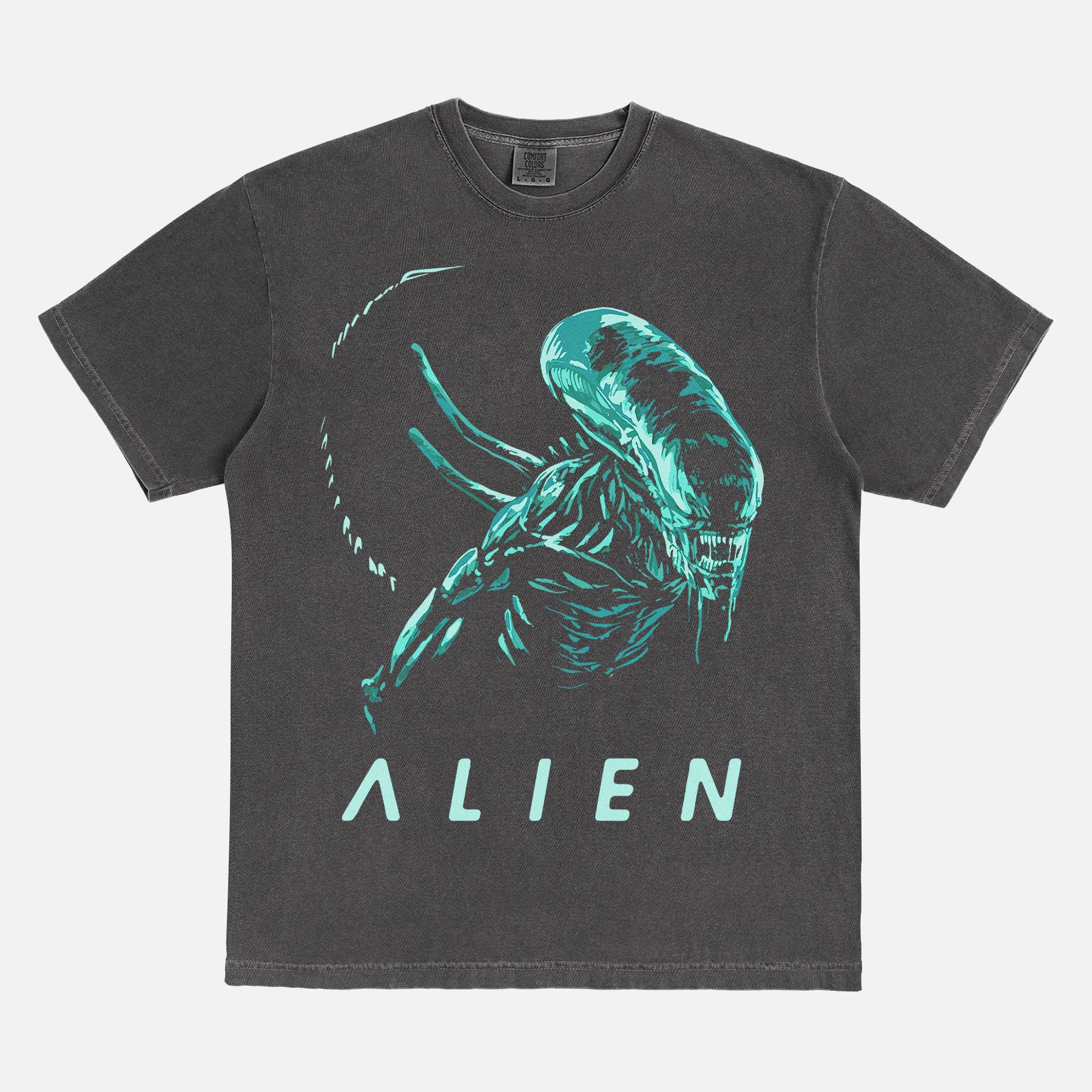 Minimal Alien 1979 movie t-shirt with retro xenomorph graphic on a unisex washed black comfort colors shirt