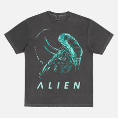 Minimal Alien 1979 movie t-shirt with retro xenomorph graphic on a unisex washed black comfort colors shirt