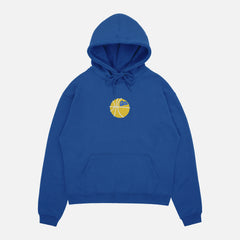 Heavyweight royal blue Golden State warriors streetwear hoodie with yellow and white oversized graphics on the front and back of the sweatshirt