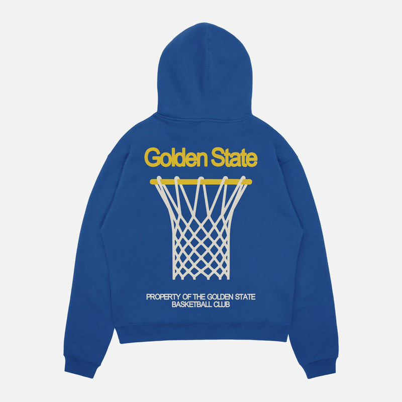Heavyweight royal blue Golden State warriors streetwear hoodie with yellow and white oversized graphics on the front and back of the sweatshirt