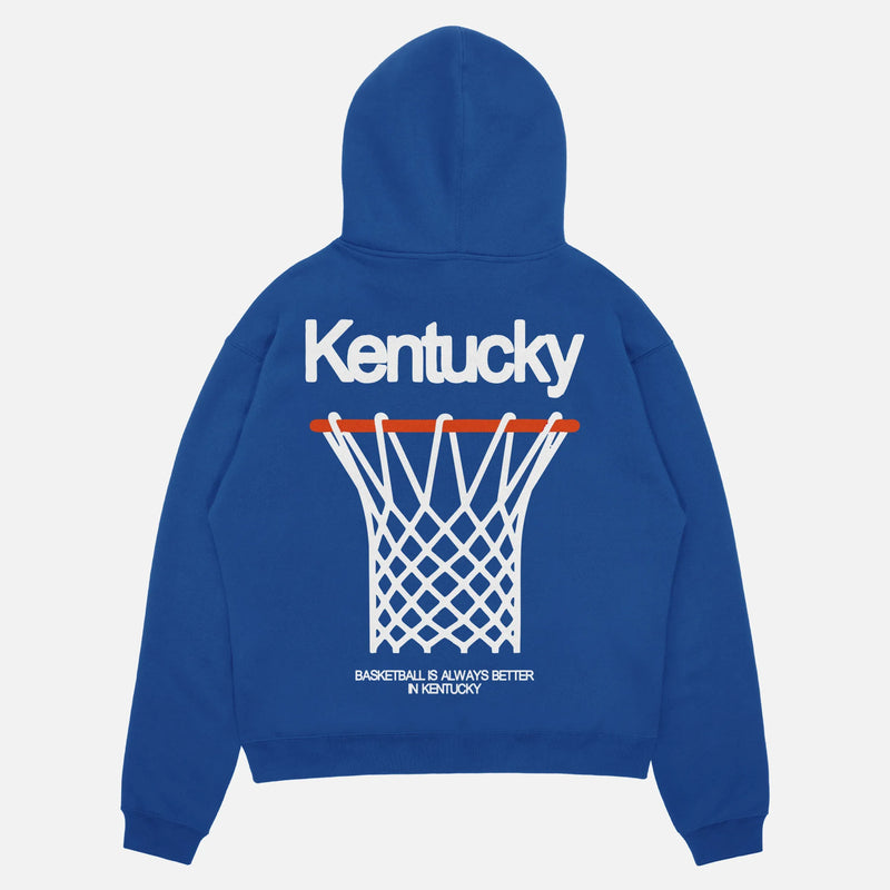 Kentucky Wildcats heavyweight blue streetwear hoodie with retro front and back print for men and women for sale at Throwbacks