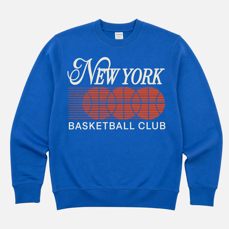 Premium heavyweight New York Knicks sweatshirt with 1990's NY bball logo graphic on a royal blue crewneck