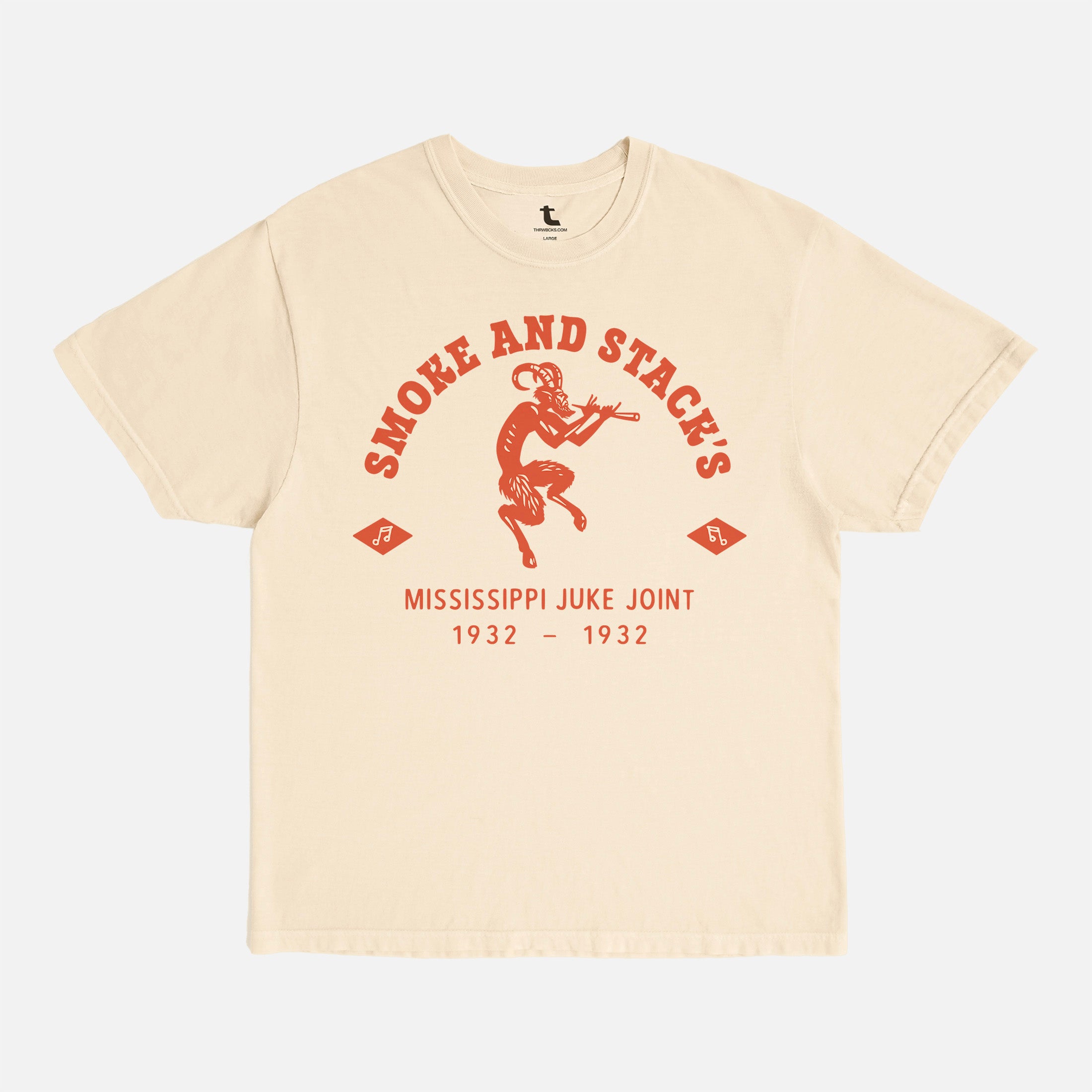 Ryan Coogler Sinners Movie t-shirt with Smoke & Stack devil logo, modern vampire horror movie streetwear graphic tee in faded washed beige