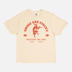 Ryan Coogler Sinners Movie t-shirt with Smoke & Stack devil logo, modern vampire horror movie streetwear graphic tee in faded washed beige