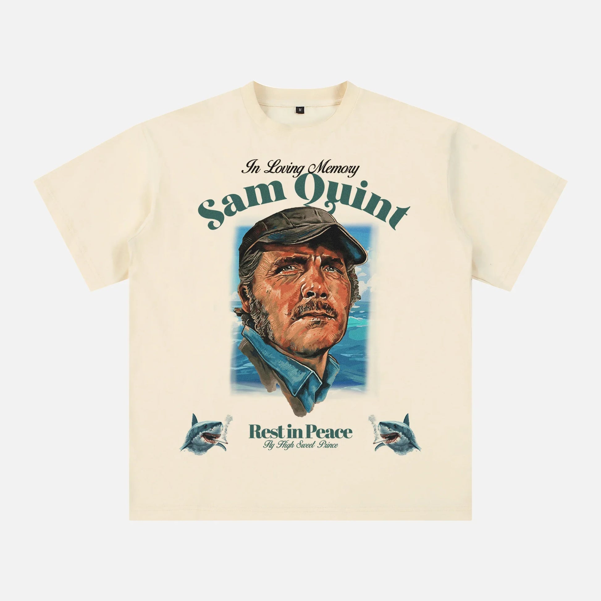 Beige Jaws movie graphic tee, funny sam quint t-shirt memorabilia for sale at Throwbacks