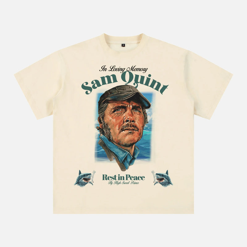 Beige Jaws movie graphic tee, funny sam quint t-shirt memorabilia for sale at Throwbacks