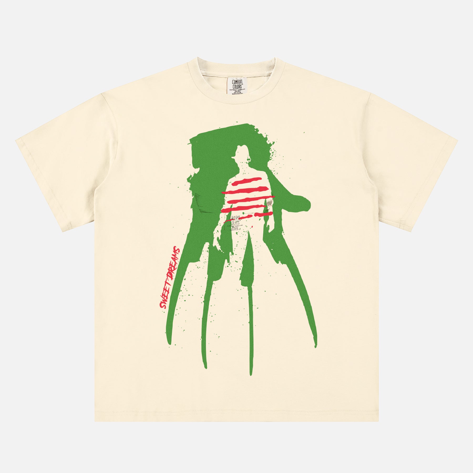 A Nightmare on Elm Street movie t-shirt for horror movie and freddy krueger fans on a off white red and green heavyweight graphic tee with freddy's glove and sweater