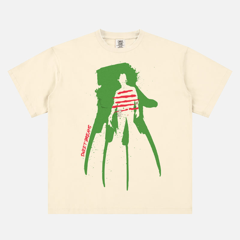 A Nightmare on Elm Street movie t-shirt for horror movie and freddy krueger fans on a off white red and green heavyweight graphic tee with freddy's glove and sweater