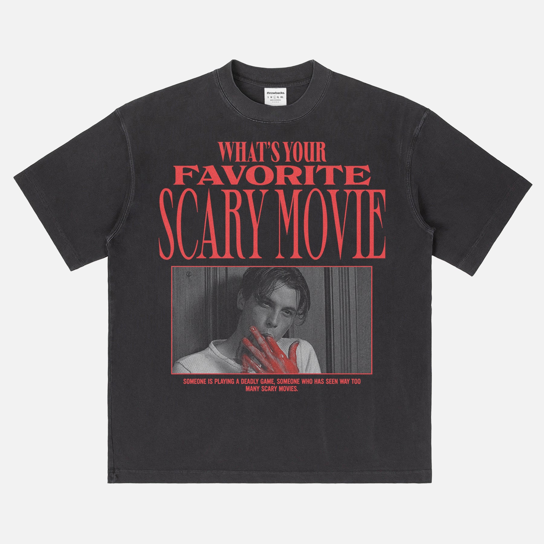 1996 Original Scream movie graphic t-shirt with streetwear graphic of billy loomis and what's your favorite scary movie text on an distressed black heavyweight tee