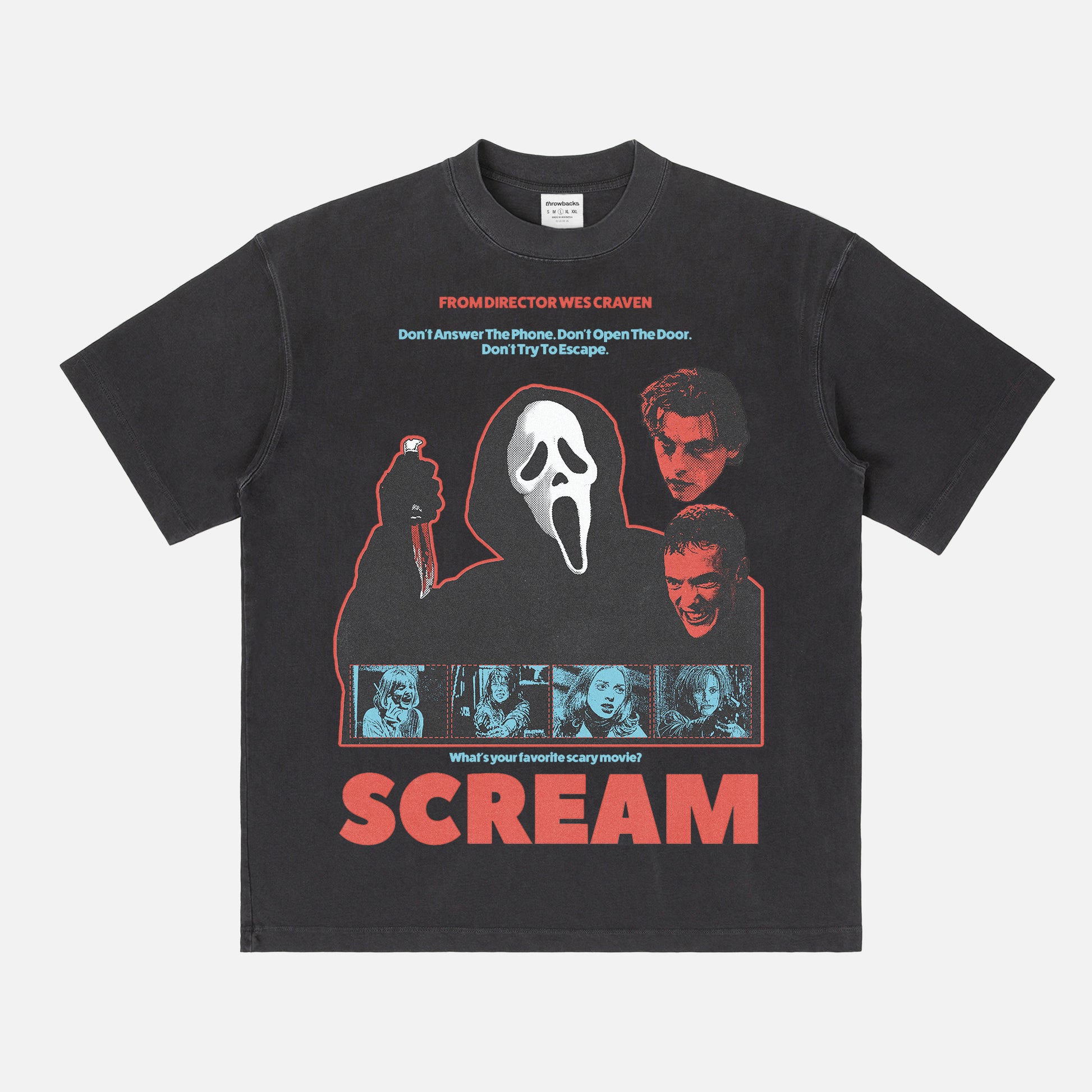 1996 Original Scream Movie Graphic Tee Shirt with Ghostface and Billy, retro washed black heavyweight slasher horror movie t-shirt