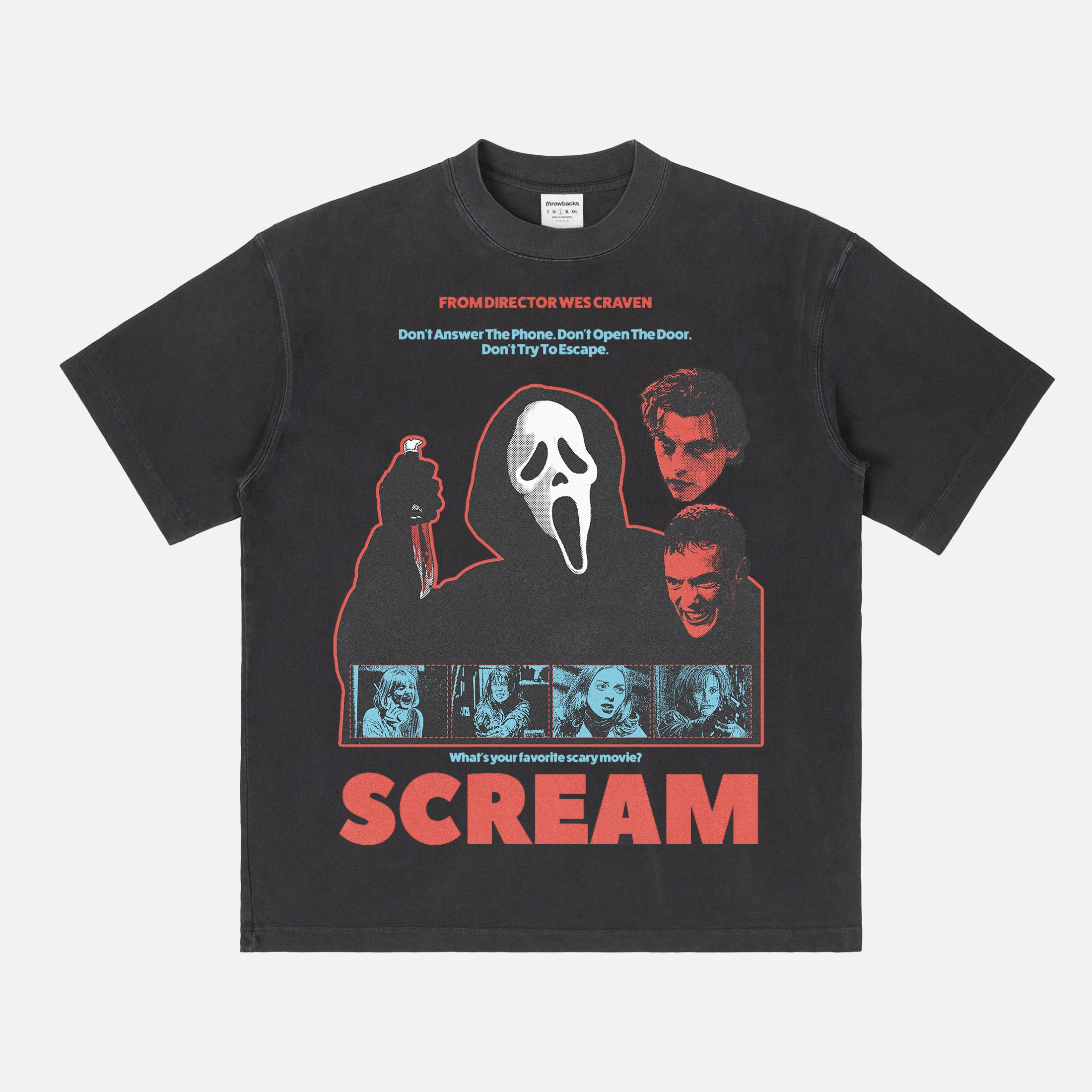 1996 Original Scream Movie Graphic Tee Shirt with Ghostface and Billy, retro washed black heavyweight slasher horror movie t-shirt