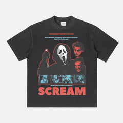 1996 Original Scream Movie Graphic Tee Shirt with Ghostface and Billy, retro washed black heavyweight slasher horror movie t-shirt