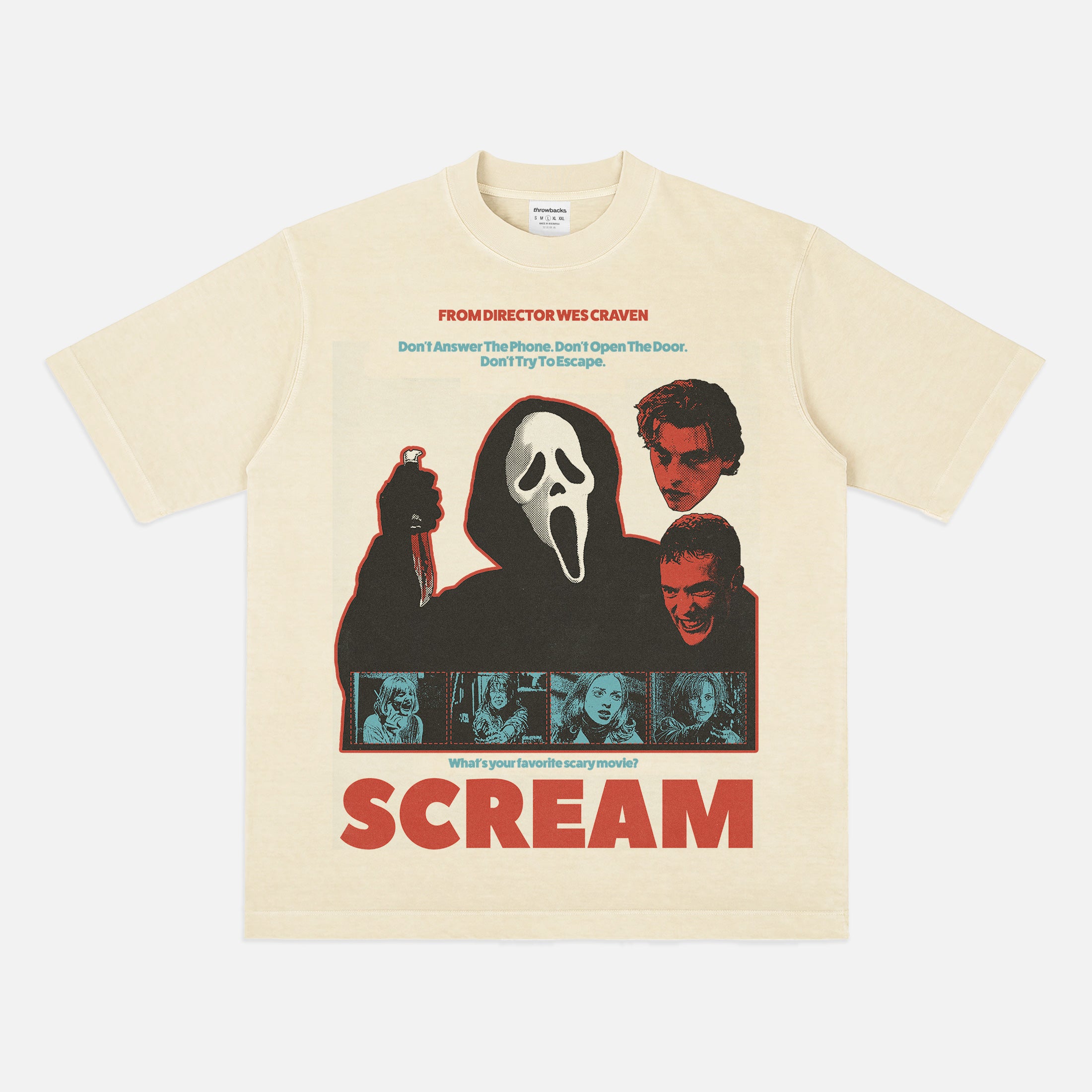 1996 Original Scream Movie Graphic Tee Shirt with Ghostface and Billy, retro beige off white slasher horror movie t-shirt