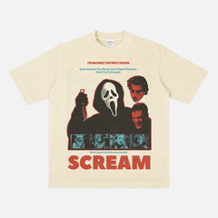 1996 Original Scream Movie Graphic Tee Shirt with Ghostface and Billy, retro beige off white slasher horror movie t-shirt