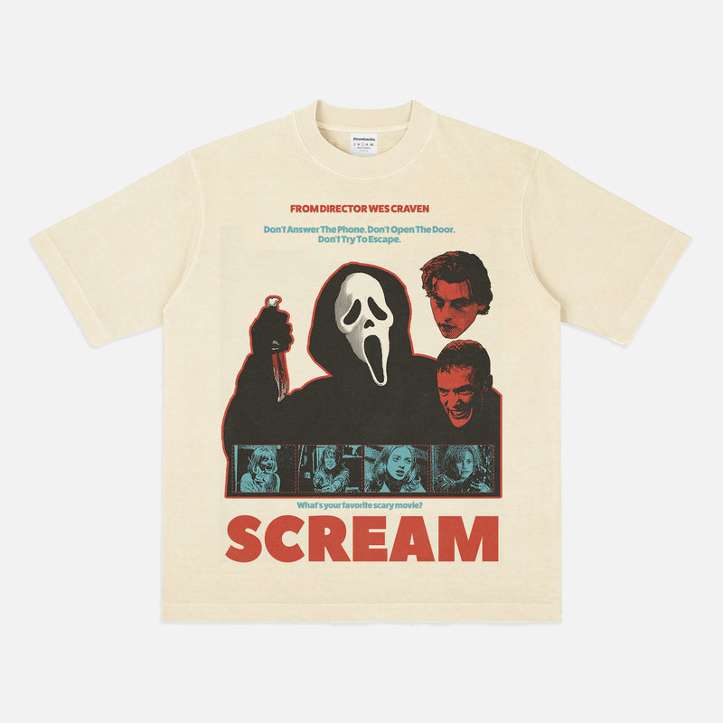 1996 Original Scream Movie Graphic Tee Shirt with Ghostface and Billy, retro beige off white slasher horror movie t-shirt