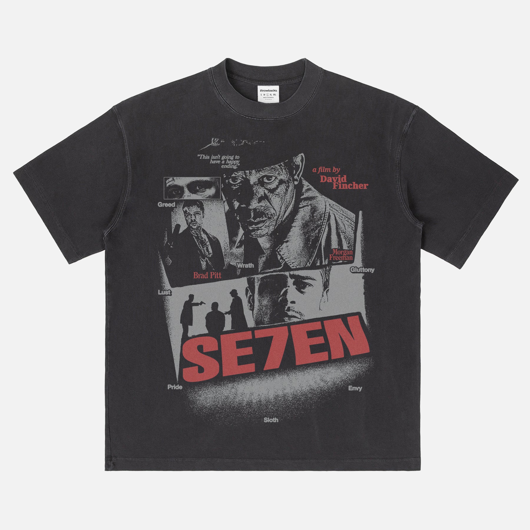 Se7en David Fincher Movie graphic t-shirt with grunge streetwear movie poster on a faded black heavyweight shirt